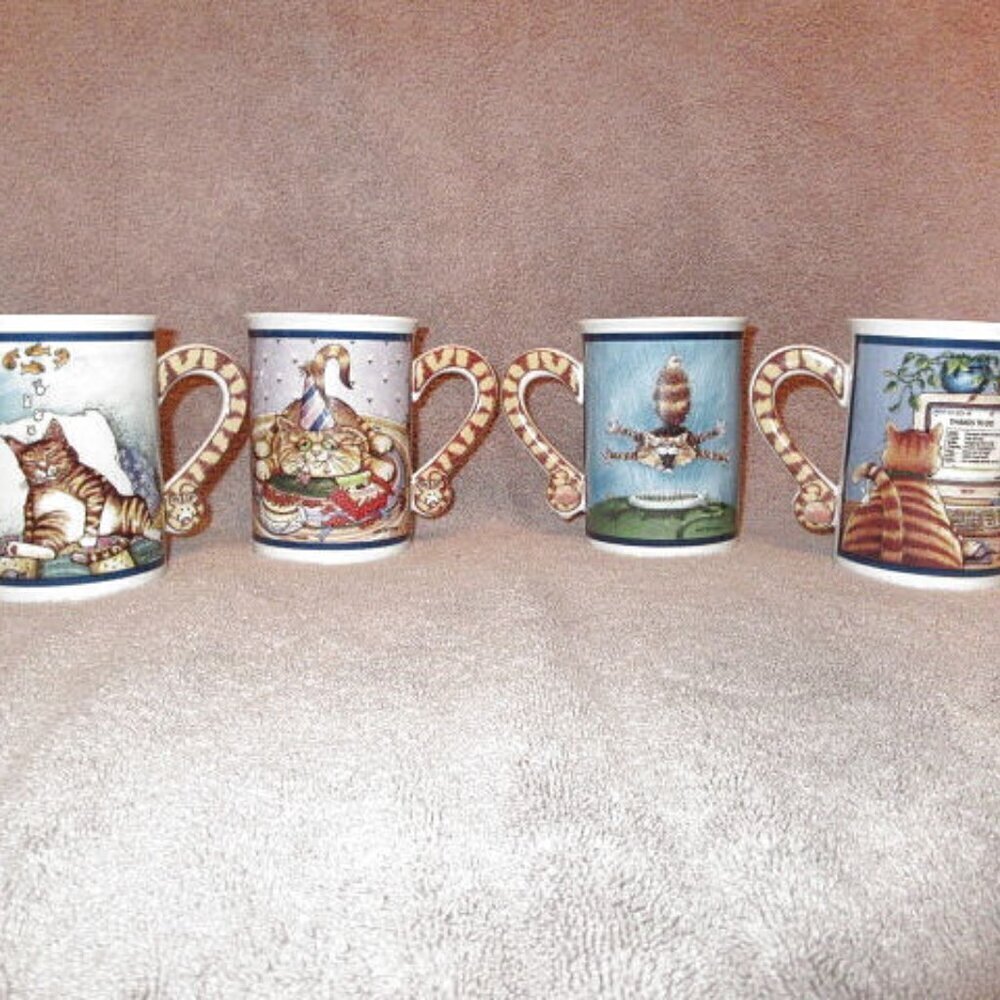 Vtg Comical Cat Tail Mugs Lot Of 4 Whimsy Porcelain Mouser Party Danbury Mint
